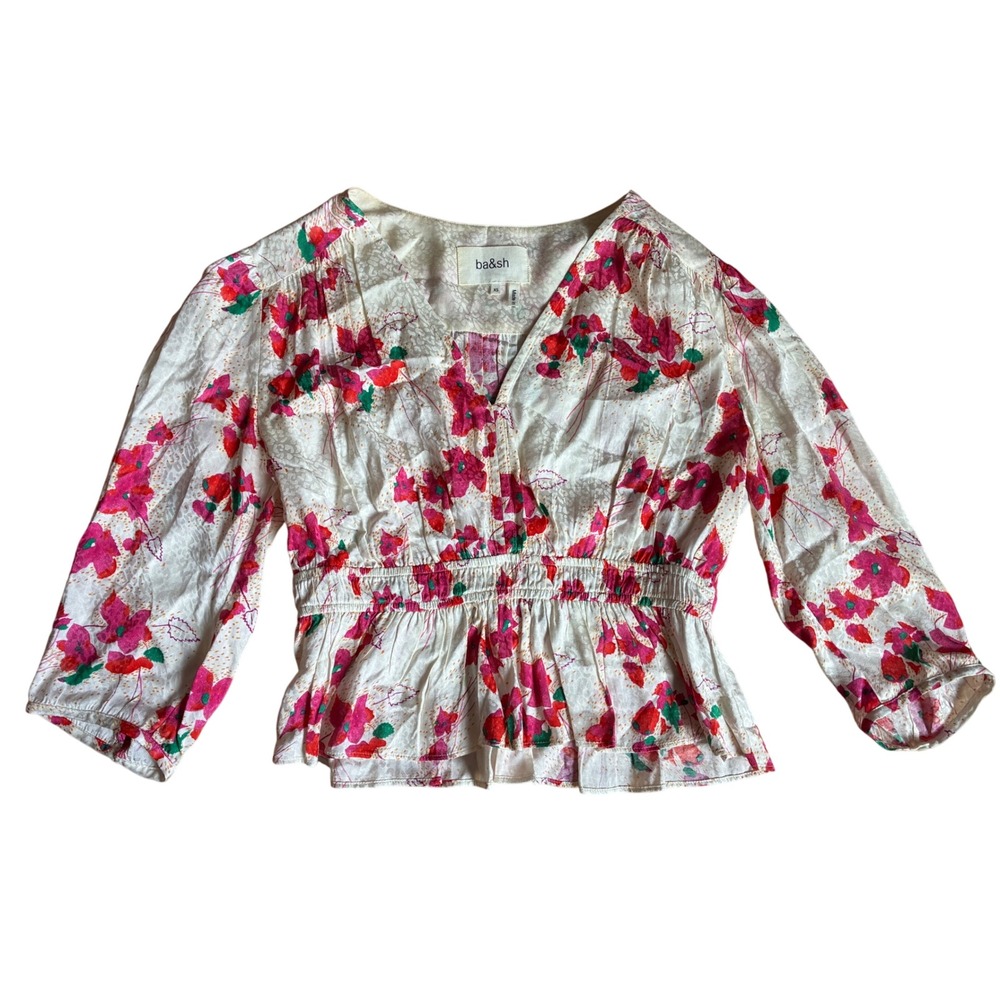 Ba&sh Floral Peplum Blouse Pink Red Jacquard Smocked Waist V-Neck Top XS